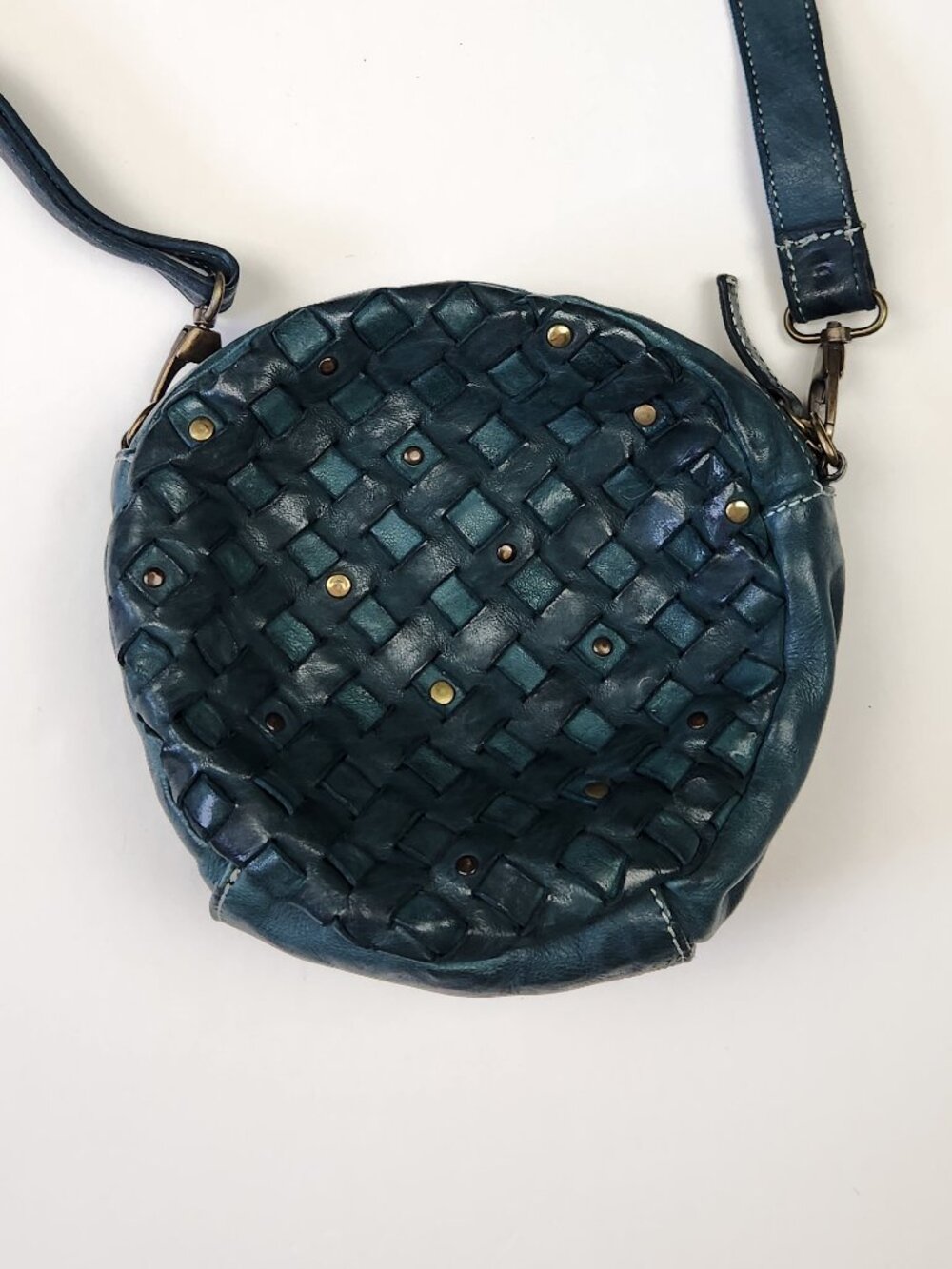 Sundance Woven Leather Round Crossbody Purse Bag Dark Teal Blue - Picture 2 of 9